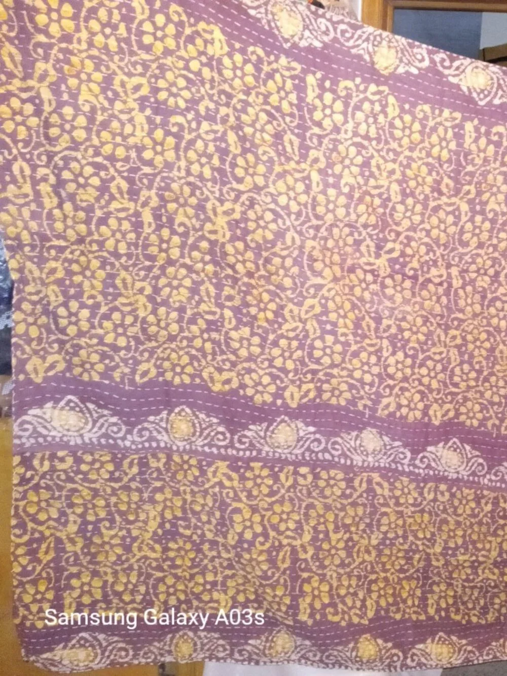 Kantha Quilt Light Green Tan Ferns 54